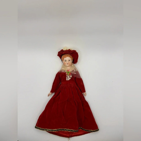 Vintage Silvestri Porcelain China Doll Red Dress Christmas Victorian Ornament 9" - Picture 1 of 3